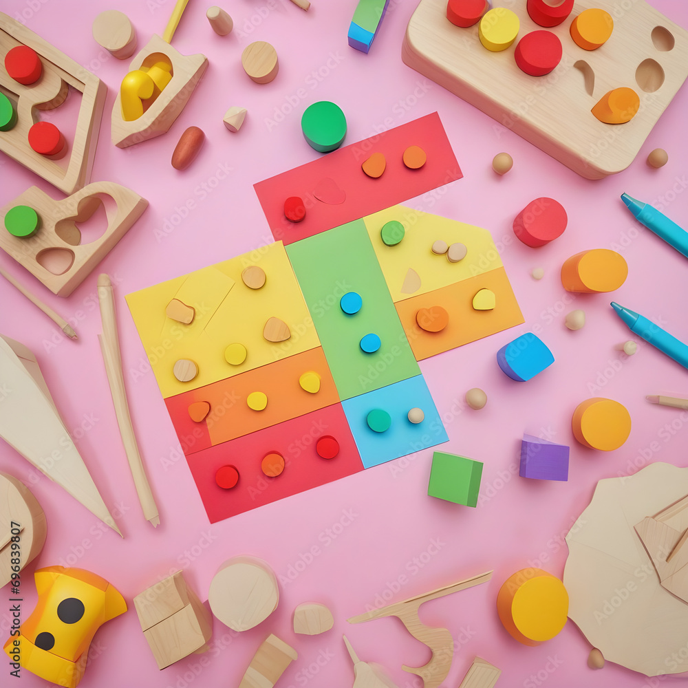 Naklejka premium Top view of educational wooden toys and stationery on colorful paper ideal for kindergarten preschool or daycare 