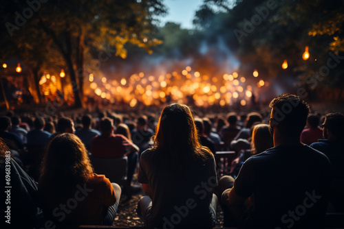 silhouettes of the audience against the glow of the movie screen, creating a cinematic photo that highlights the communal experience of open-air cinema in a photo