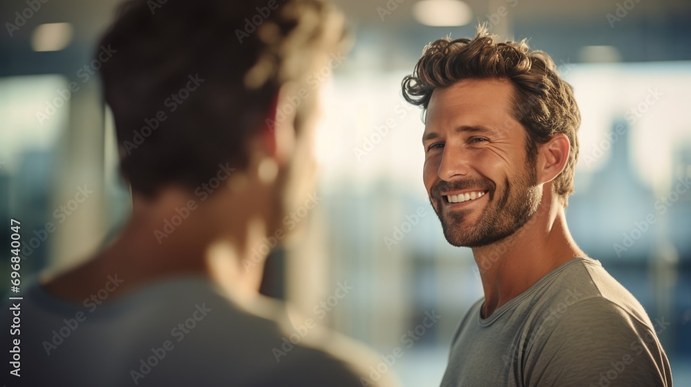 Caucasian middle aged smiling man in trendy casual clothes head shot portrait. Positive happy guy feels optimistic. Handsome confident mature good looking male laughing feeling excited close up shot..