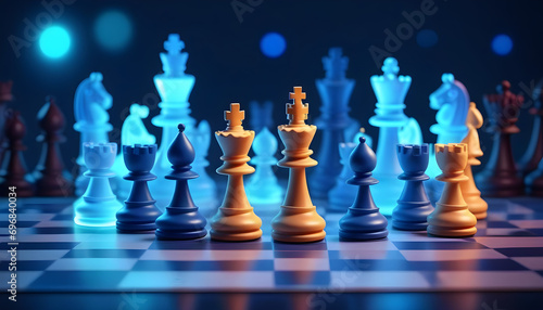 Wallpaper chess pieces on a board. Creative banner for chess school. Blue bright neon colors. Interactive chess. 3d render illustration imitation.