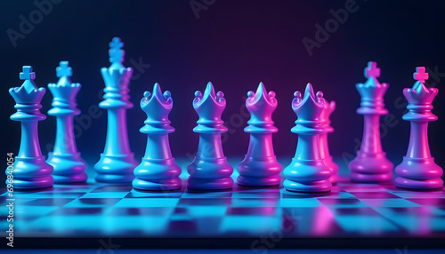 Wallpaper chess pieces on a board. Creative banner for chess school. Blue bright neon colors. Interactive chess. 3d render illustration imitation.