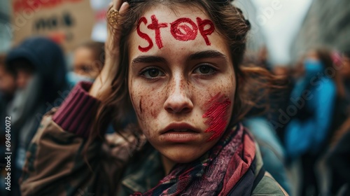 Woman activist with written word on face Stop protesting against social issues © RMedia