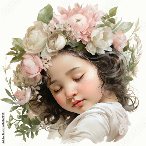 watercolor Cute Newborn Baby to Sleep with Flower, Generative Ai © creativeproartist