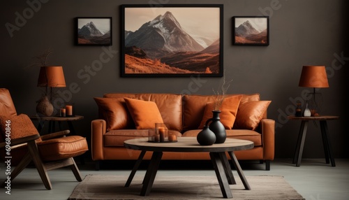 Modern living room interior with captivating black tone colors and intriguing wall art