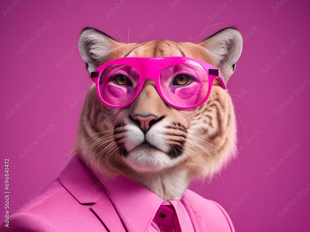 Portrait of a puma in a pink suit and pink glasses.