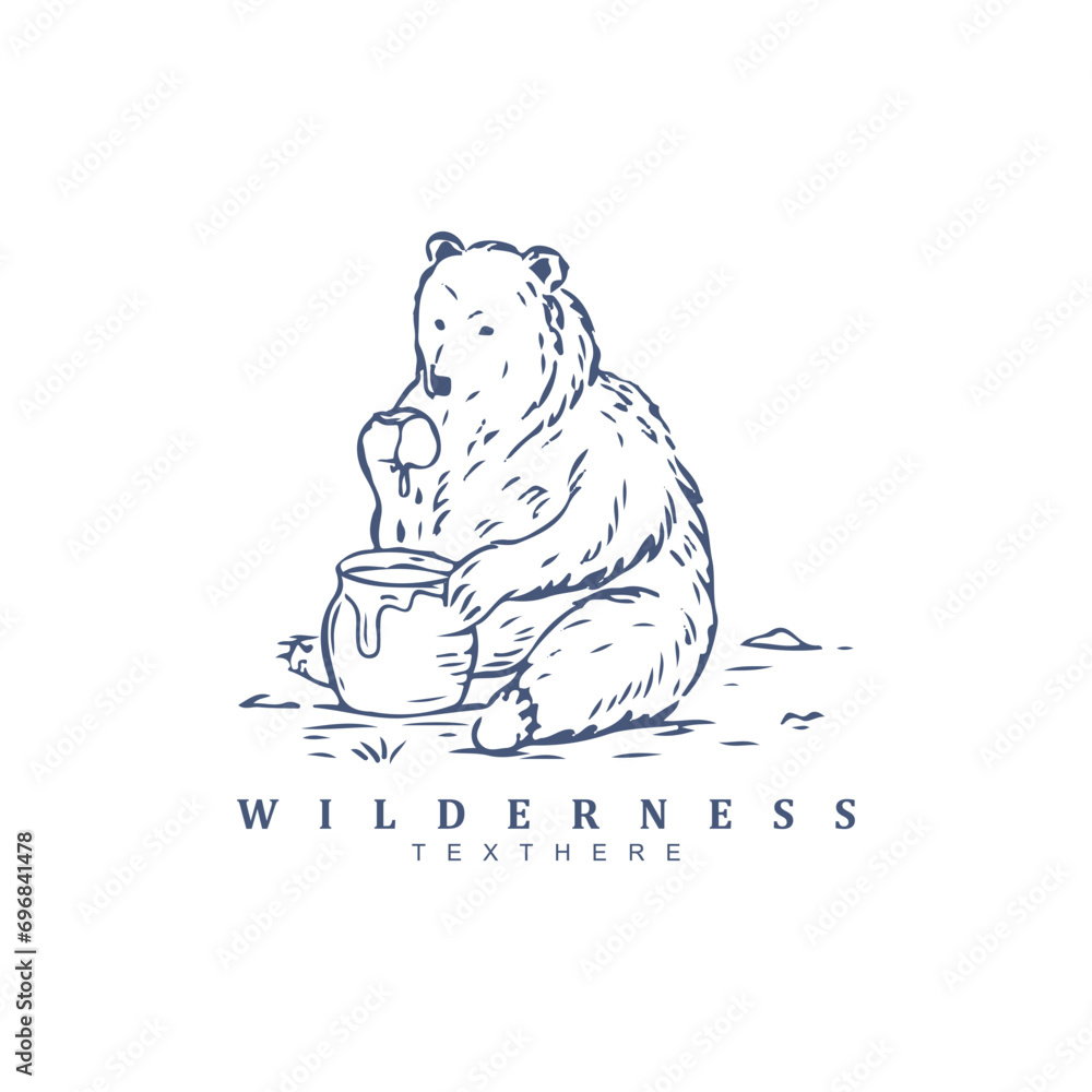 Abstract vintage retro grizzly bear eating sweet honey logo design. Honey bear vector illustration - obrazy, fototapety, plakaty 