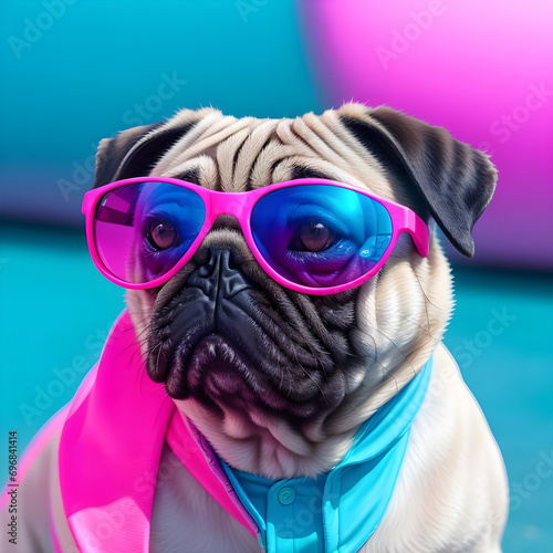 Pug Wearing Neon Blue and Pink Suit With Sunglasses © Natasa