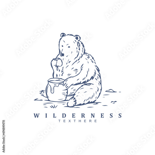 Abstract vintage retro grizzly bear eating sweet honey logo design. Honey bear vector illustration
