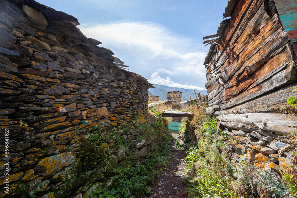 street in a historical village in the Ushguli mountains