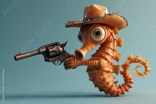 Seahorse wearing a cowboy hat and firing with a coral gun, cartoon illustration photo