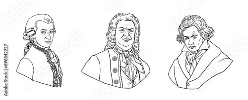 Portraits of world-famous composers: Mozart, Bach and Beethoven. Drawing with busts of well-known musicians. Historical drawing with transparent background.	