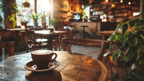 Coffee Break: A Cup on a Wooden Table in a Cozy Cafe