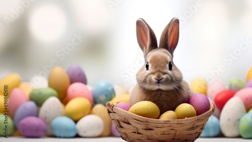 Funny easter concept holiday animal celebration greeting card - Cute little easter bunny, rabbit sitting in basket with many colorful painted esater eggs
