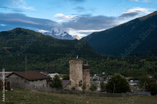 Svan medieval towers in the mountains at sunset