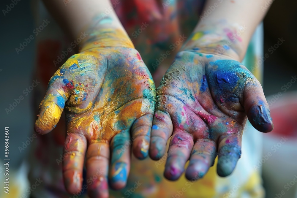 Child's hands covered in colorful paint
