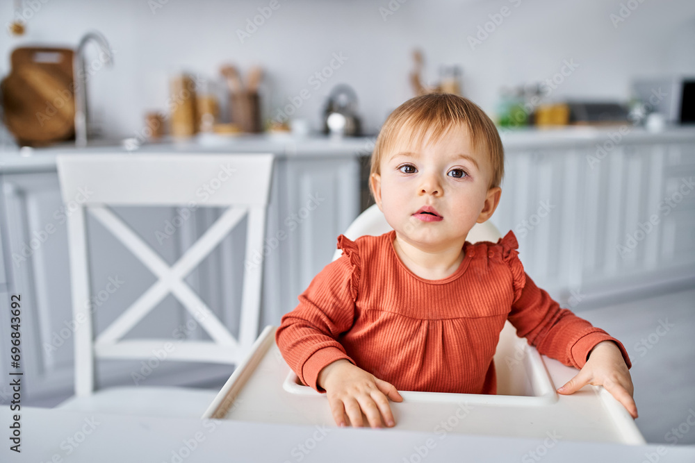 charming toddler girl in orange sweater sitting on high chair at breakfast and looking at camera