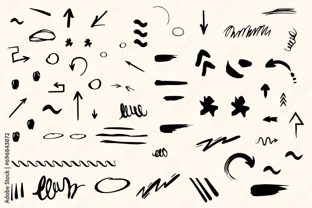 Charcoal hand drawn pencil arrows, scribbles and circle boxes. Emphasis arrows, doodle squiggles rough scratches numbers alphabets. Vector illustration of lines, waves, squiggles marker sketch style - obrazy, fototapety, plakaty 