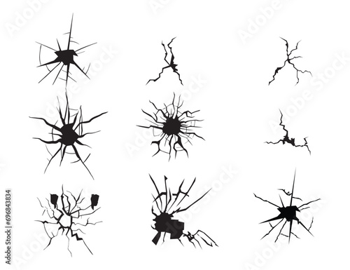 Cracked window glass, and break windshield glass texture silhouette set