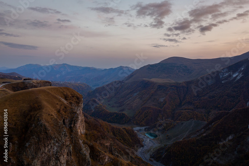 Caucasus mountains after sunset, dramatic landscape