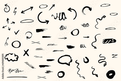 Charcoal hand drawn pencil arrows, scribbles and circle boxes. Emphasis arrows, doodle squiggles rough scratches numbers alphabets. Vector illustration of lines, waves, squiggles marker sketch style