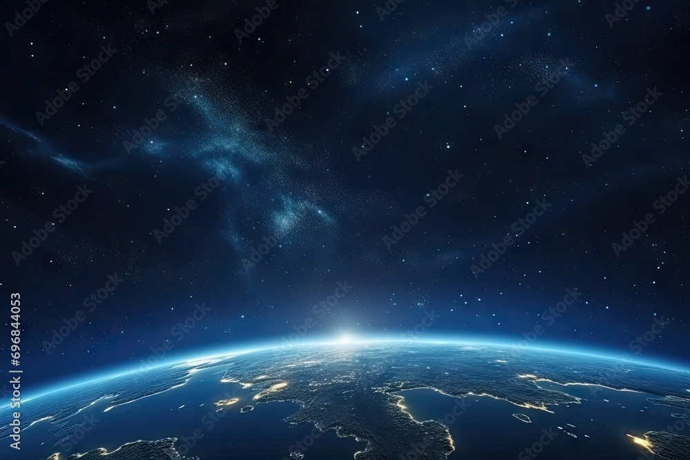 Captivating image offers stunning view of planet earth from space during serene hours of night. Deep blue hues of atmosphere create mesmerizing backdrop providing canvas for luminous city lights Captivating image offers stunning view of planet earth from space during serene hours of night. Deep blue hues of atmosphere create mesmerizing backdrop providing canvas for luminous city lights