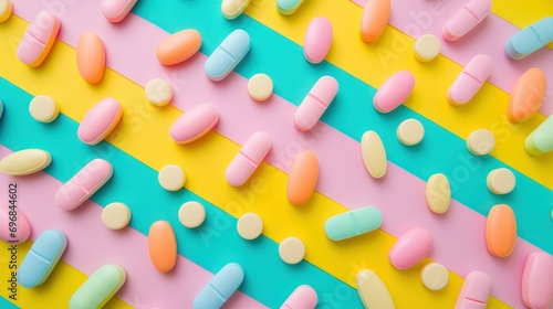 Colorful Assorted Pills on Striped Background. Vibrant multi-colored pills on striped background. variety of modern medications. vitamins and supplements daily health routines