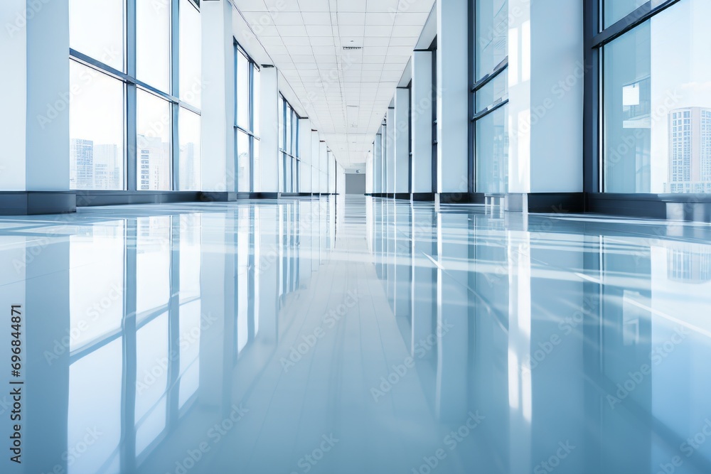Abstract bright bokeh lights in a blurred empty open space of a modern office interior Abstract bright bokeh lights in a blurred empty open space of a modern office interior