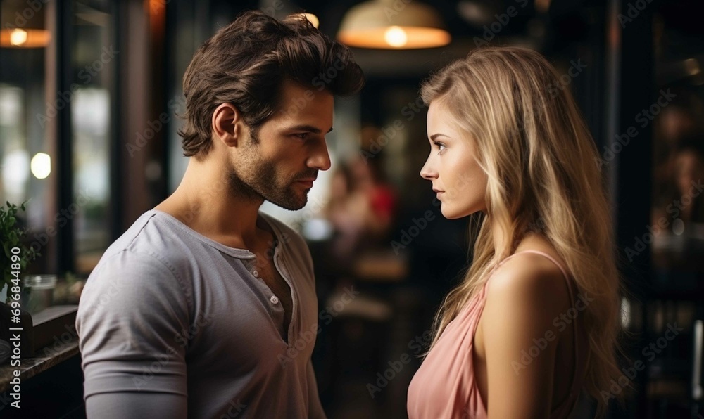 Upset young man arguing with his partner in bar Upset young man arguing with his partner in bar
