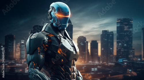 AI Humanoid Robot in Metropolis, Symbolizing Future Cityscape