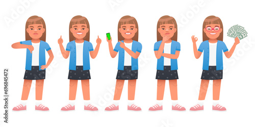 Beautiful girl with Down syndrome stands in glasses with cash in her hand, shows an ok, dislike gesture, thinks about something