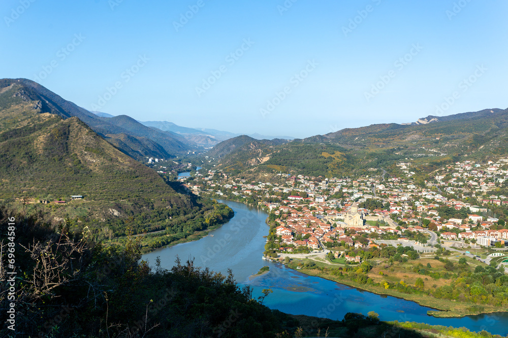 view from above of Mtskheta, confluence of the Kura River