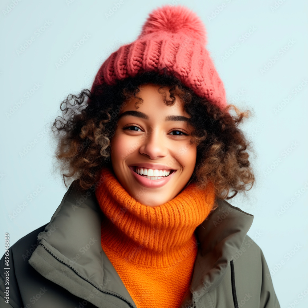 Happy afro young woman smiling wearing winter clothes and isolated on white background. Happy afro young woman smiling wearing winter clothes and isolated on white background.