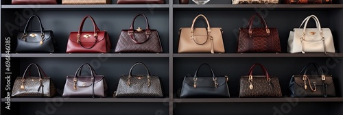 Close-up of a collection of luxury handbags on a sleek, modern display shelf