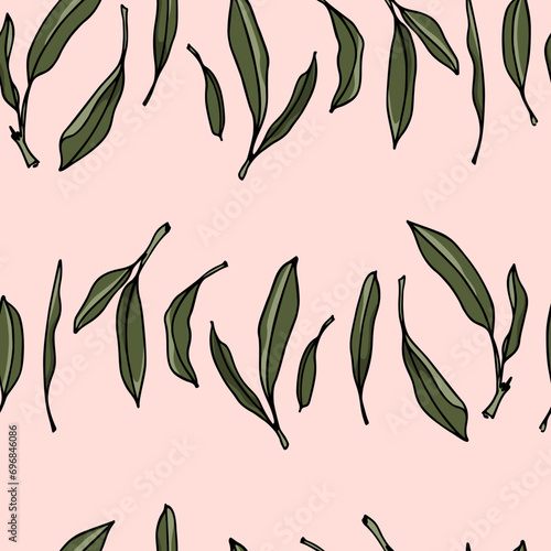 Vector seamless pattern with hand drawn sage leaves on a pink background. Beautiful culinary design elements, ink drawing. Perfect for prints and patterns