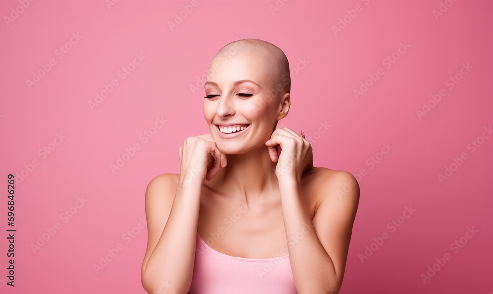 Brave woman with a bald head smiling confidently, symbolizing cancer awareness Brave woman with a bald head smiling confidently, symbolizing cancer awareness