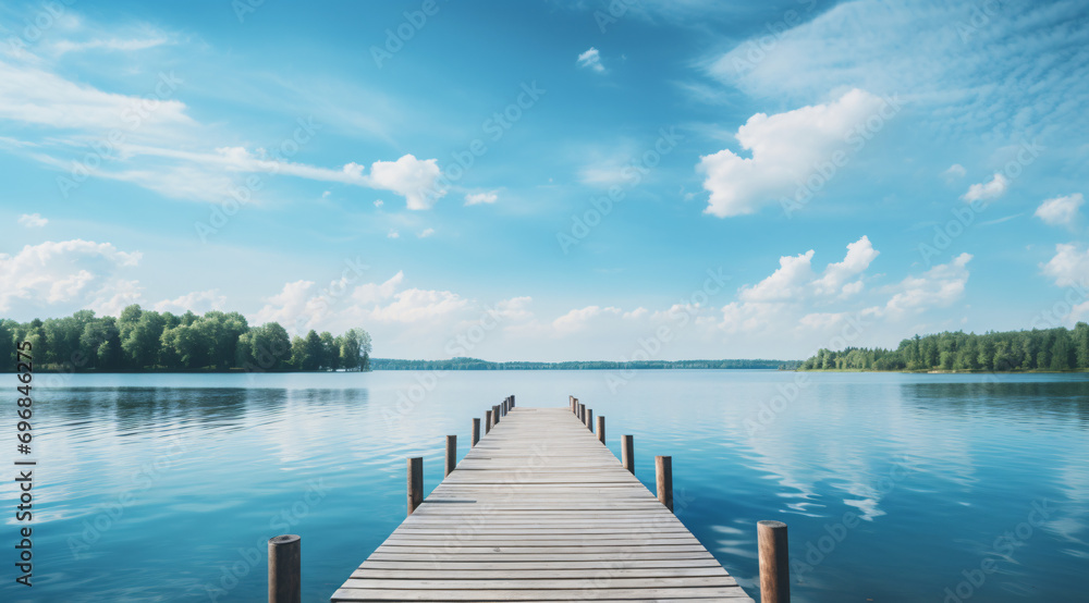 Small wooden bridge in lake with calm water and blue sky in Sweden, Scandinavia, Europe. Peaceful outdoor