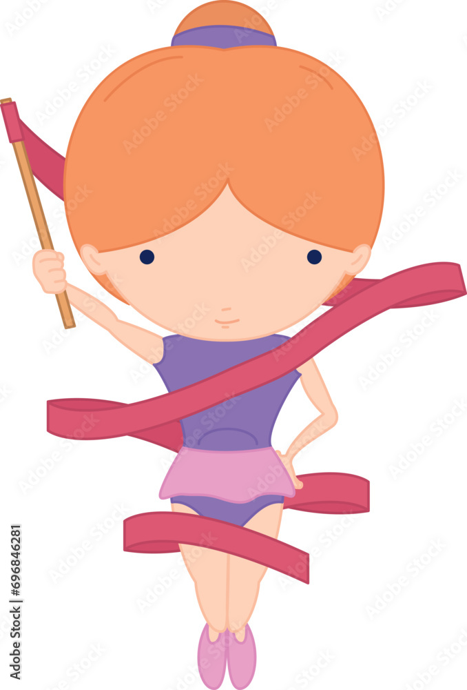 Colorful illustration of a gymnast girl with gymnastic ribbon in her hand. Vector cartoon character Colorful illustration of a gymnast girl with gymnastic ribbon in her hand. Vector cartoon character