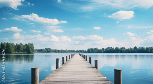 Small wooden bridge in lake with calm water and blue sky in Sweden, Scandinavia, Europe. Peaceful outdoor photo