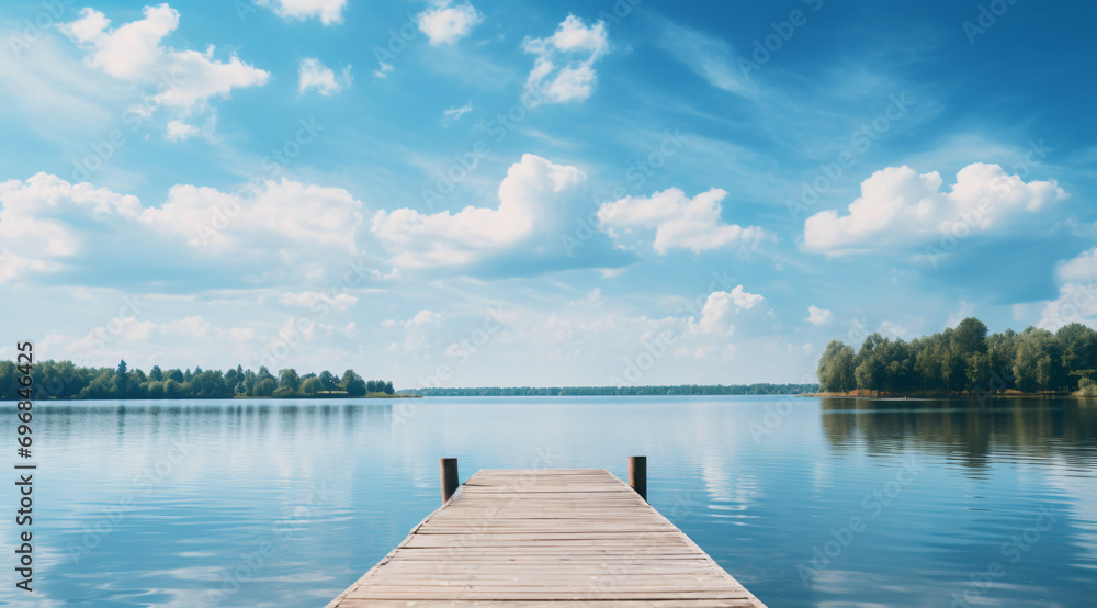 Small wooden bridge in lake with calm water and blue sky in Sweden, Scandinavia, Europe. Peaceful outdoor