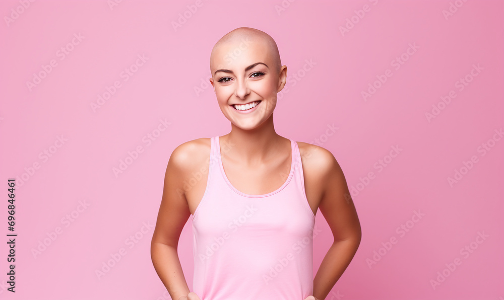 Brave woman with a bald head smiling confidently, symbolizing cancer awareness Brave woman with a bald head smiling confidently, symbolizing cancer awareness