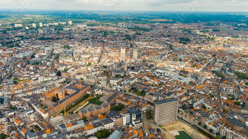 Ghent  Belgium. Cathedral of Saint Bavo. Panorama of the central city from the air. Cloudy weather  summer day  Aerial View