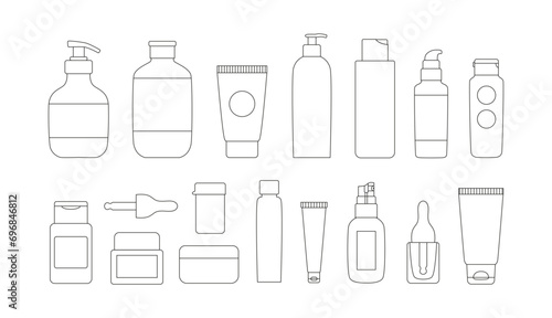 Linear cosmetics packaging - jars, bottles, tubes. Skin care and beauty routine - lotion, cream, serum, cleanser, spray. Organic cosmetics icons. Coloring book. 