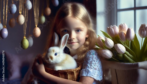 A girl holding a rabbit in her hands and a basket of tulips next to her. Spring, Easter