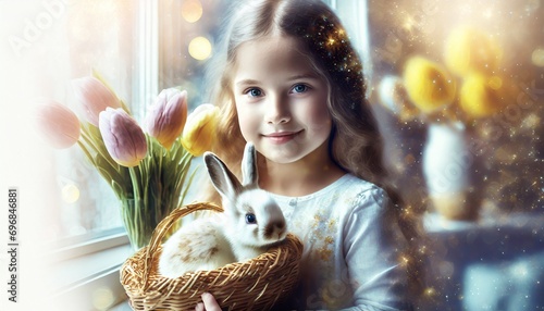 Dziewczynka z króliczkiem, obok tulipany. Portret. Wielkanoc, wiosna
