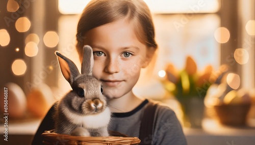 Dziewczynka z króliczkiem, w tle tulipany i pisanki. Portret. Odcienie brązu i żółtego. Wielkanoc, wiosna
