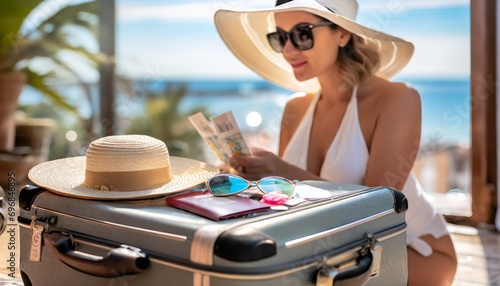 Kobieta przygotowująca się do podróży trzyma w ręku dokumenty. Obok spakowane walizki, paszport, kapelusz, okulary przeciwsłoneczne