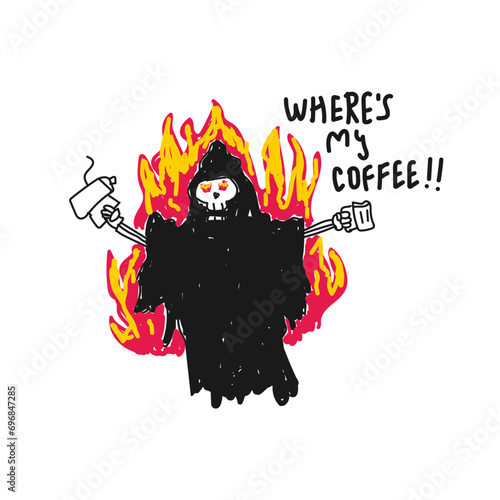 A coffee addict grim reaper vector illustration for fabric, textile and print