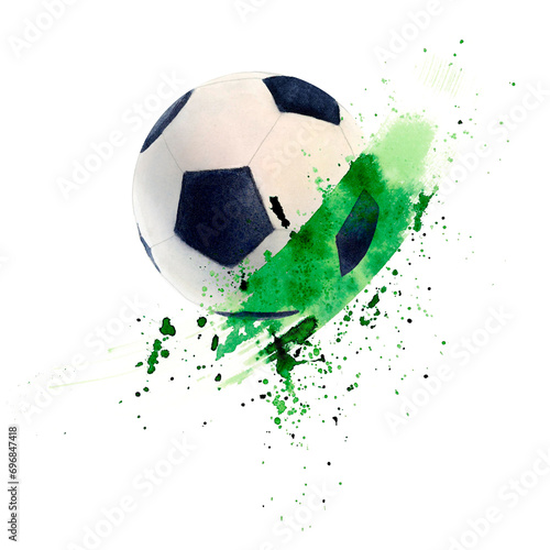 Soccer football ball and green spot watercolor drawing. Drops blot and pentagon picture isolated on white background