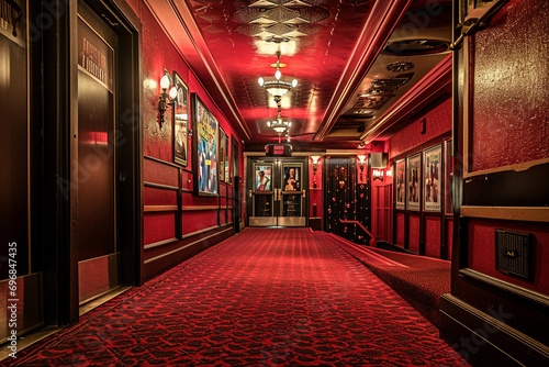cinematic photo of a grand, red-carpeted entrance to the movie theater, complete with stylish lighting and posters of upcoming films