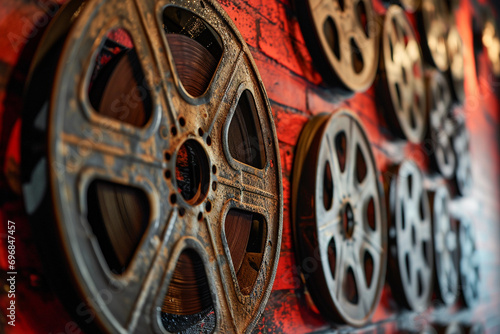 artistic display of film reels on the theater wall, forming an intriguing pattern that adds a cinematic touch to the space